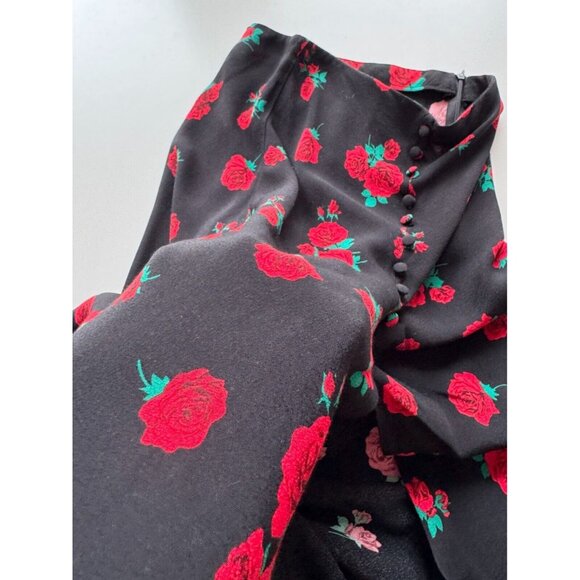 ZARA Black Rose Print Button Front A-Line Midi Slip Skirt, Size XS - Picture 10 of 14